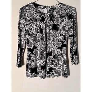 Karl Lagerfeld Paris Women's Petite Top Black/White Zip Back Floral Classic